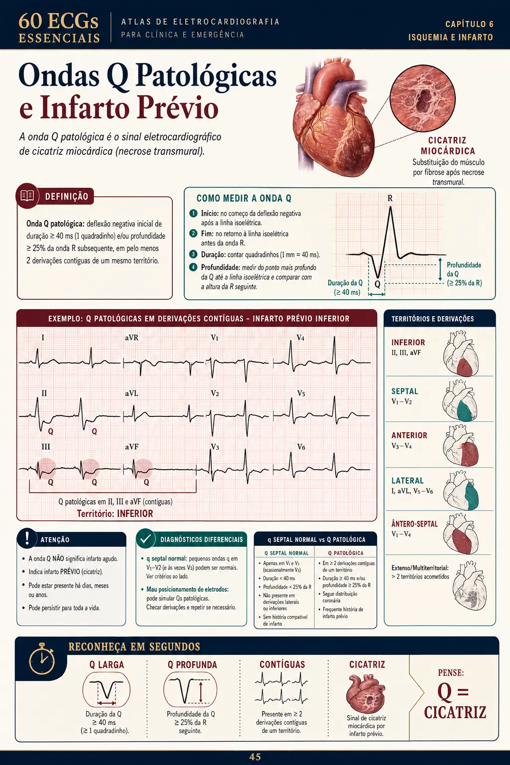 Página demonstrativa do material 60 ECGs Essenciais sobre Ondas Q Patológicas e Infarto Prévio